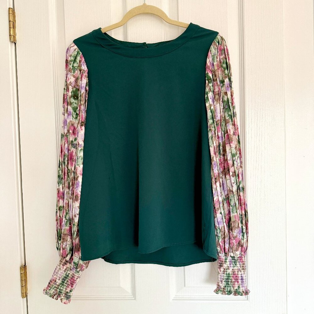 Green and Floral Print Mixed Media Top/Blouse/Shirt